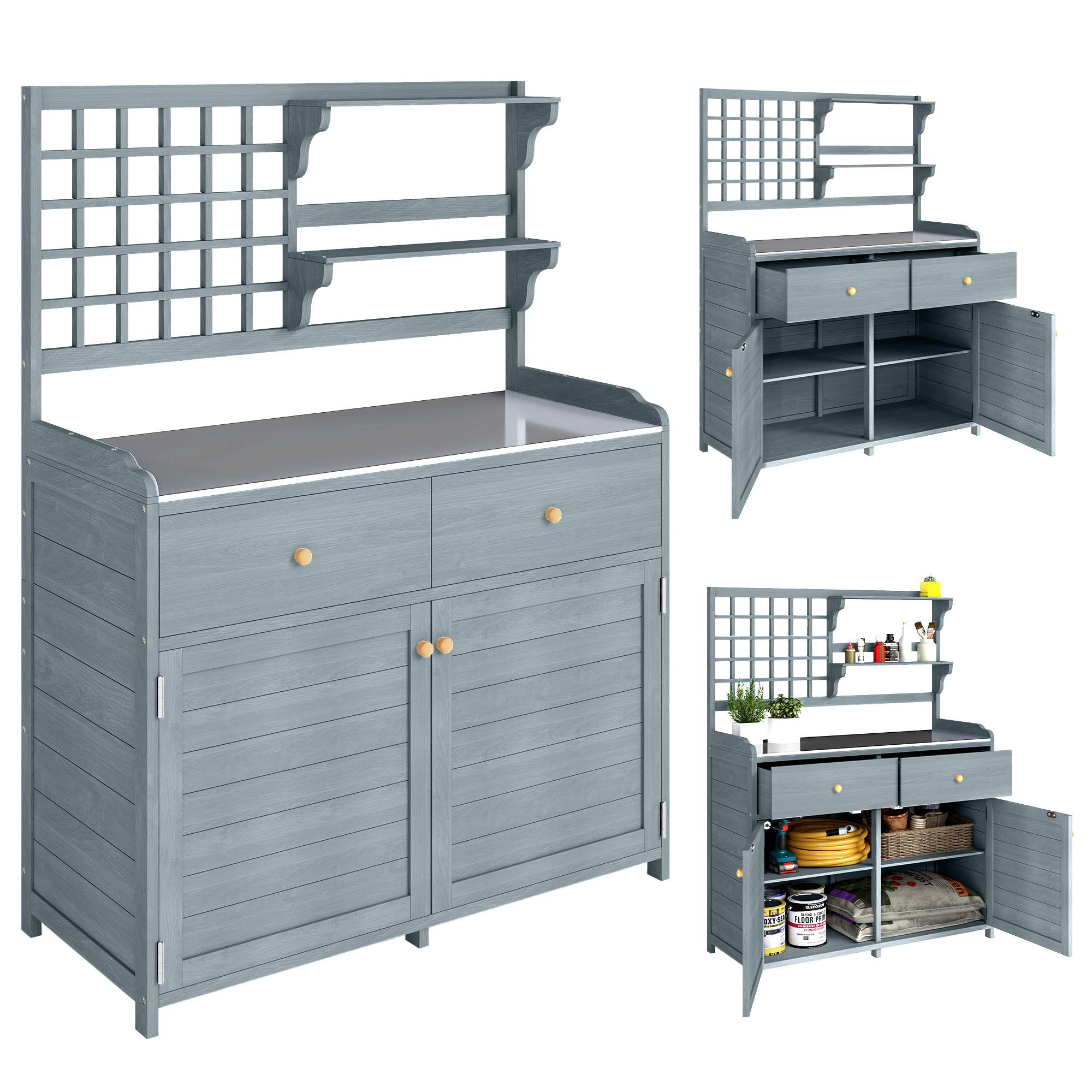 Table de culture avec rangement, bois, plan galvanisé, 2 tiroirs, 104x44x140 cm, gris clair - Image 1