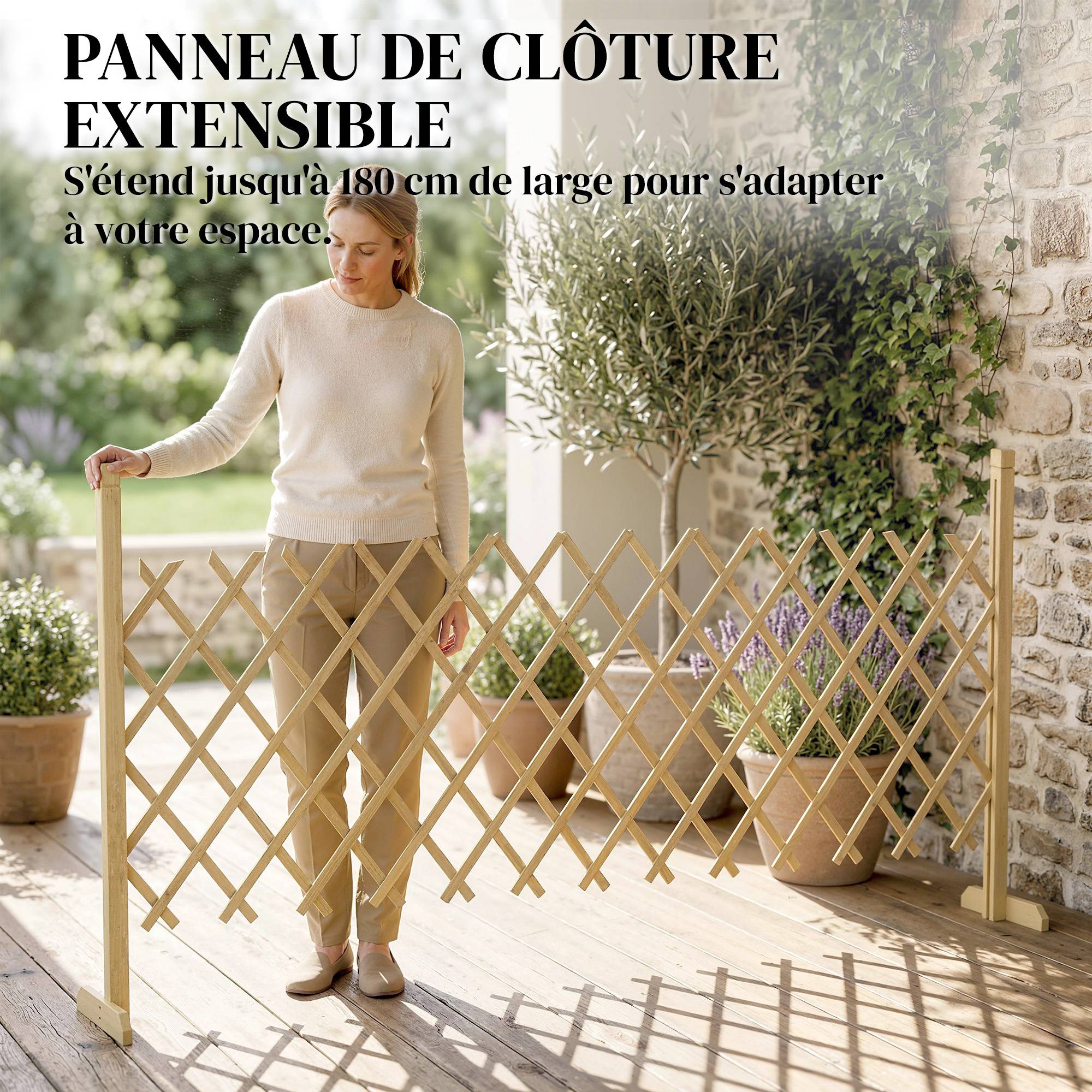 Barriere Extensible en Bois de Sapin 180 cm, Base stable, pour Intérieur Extérieur Balcon Jardin, 180x30x90cm, Naturel - Image 6