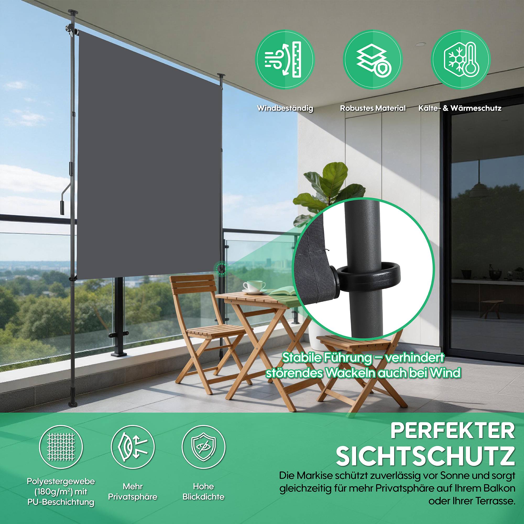 ComfortXL - Store vertical polyester balcon terrasse pare-soleil sans perçage 120x270cm gris foncé - ComfortXL Outdoor Living - Image 5