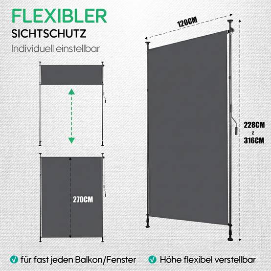 ComfortXL - Store vertical polyester balcon terrasse pare-soleil sans perçage 120x270cm gris foncé - ComfortXL Outdoor Living - Image 3