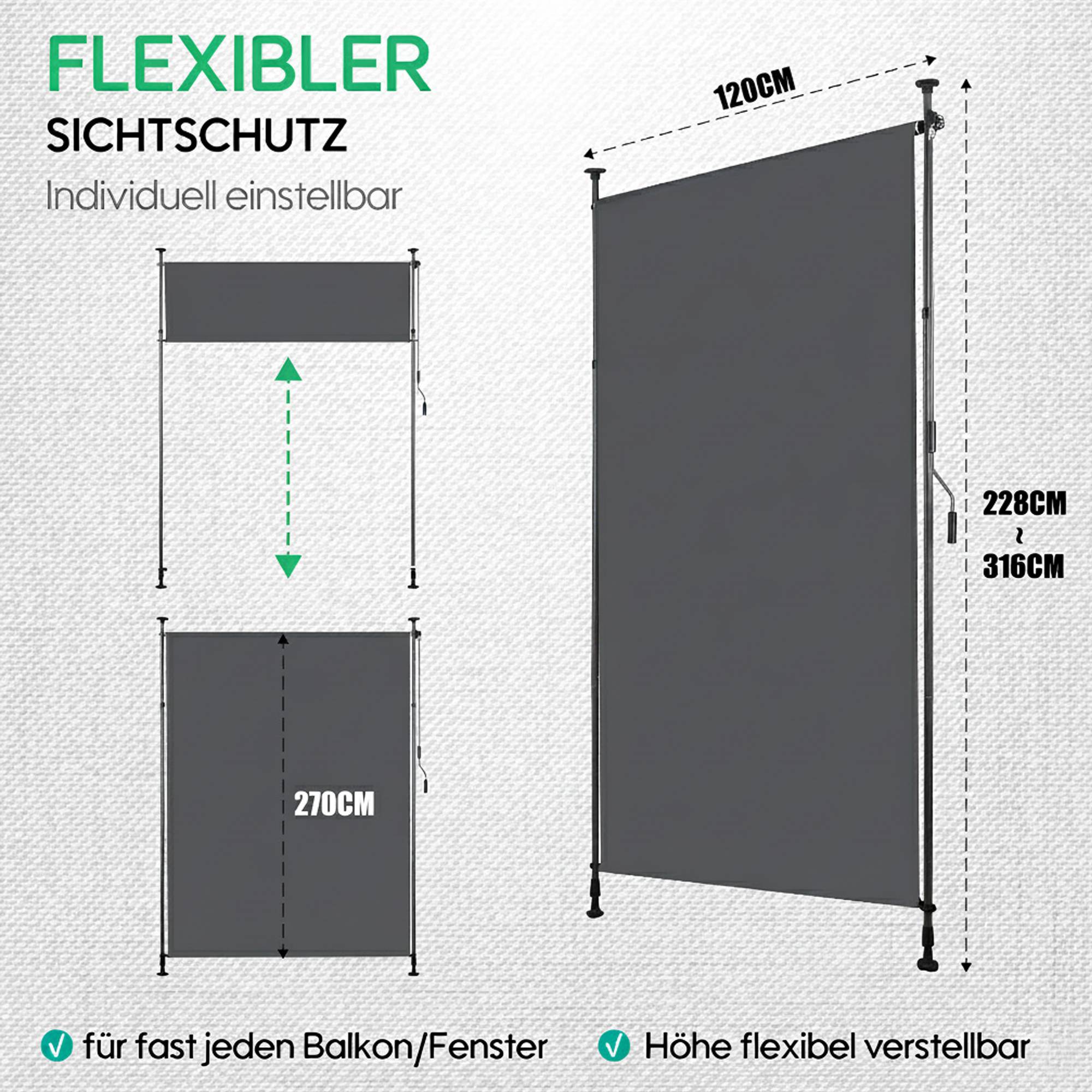 ComfortXL - Store vertical polyester balcon terrasse pare-soleil sans perçage 120x270cm gris foncé - ComfortXL Outdoor Living - Image 3