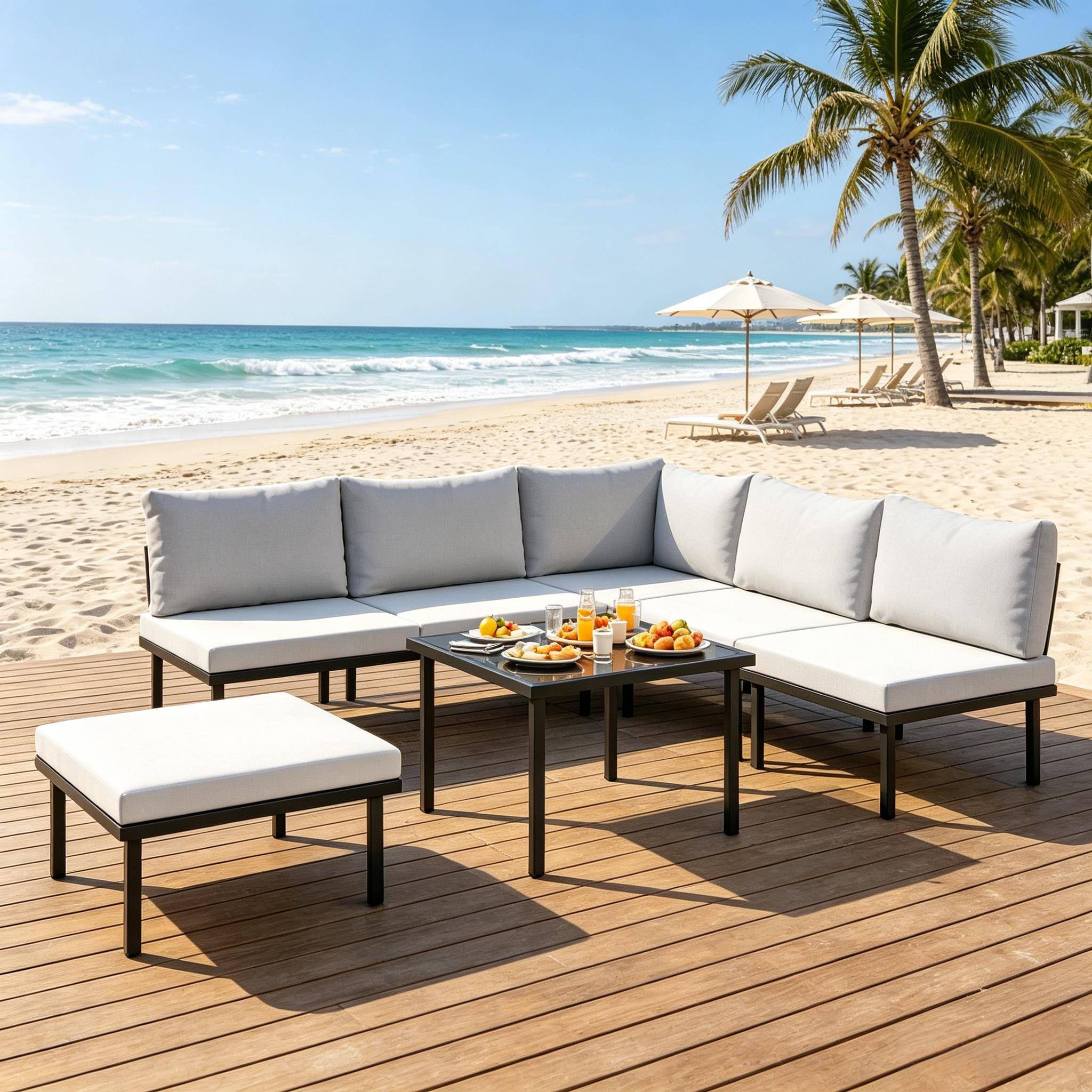 ComfortXL - Salon de jardin modulable métal gris clair 6 pièces avec coussins et table verre - ComfortXL Outdoor Living