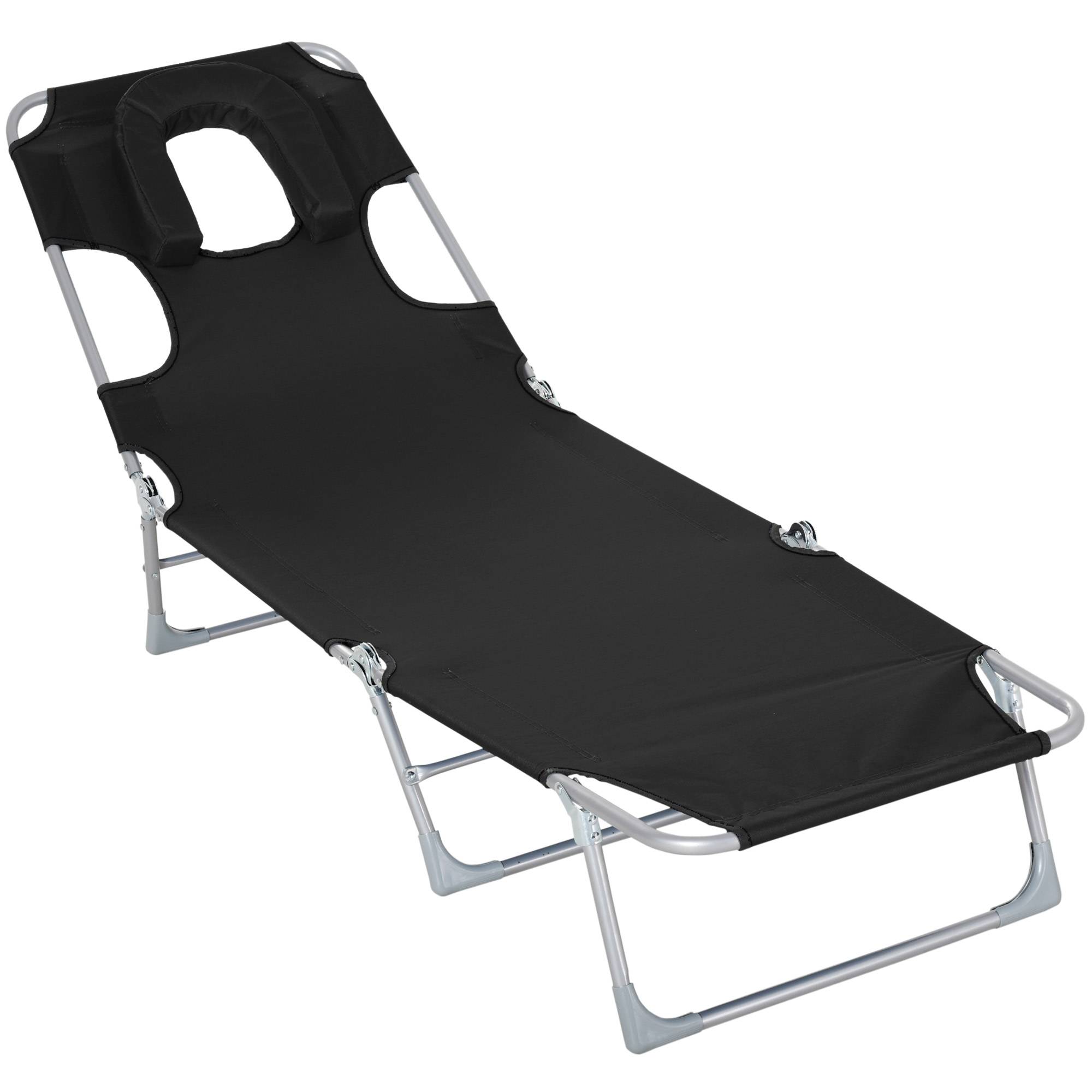 Transat de jardin pliant noir avec trou de lecture, appui-tête et dossier 5 positions, 182×56×28cm, idéal pour la plage - Image 1