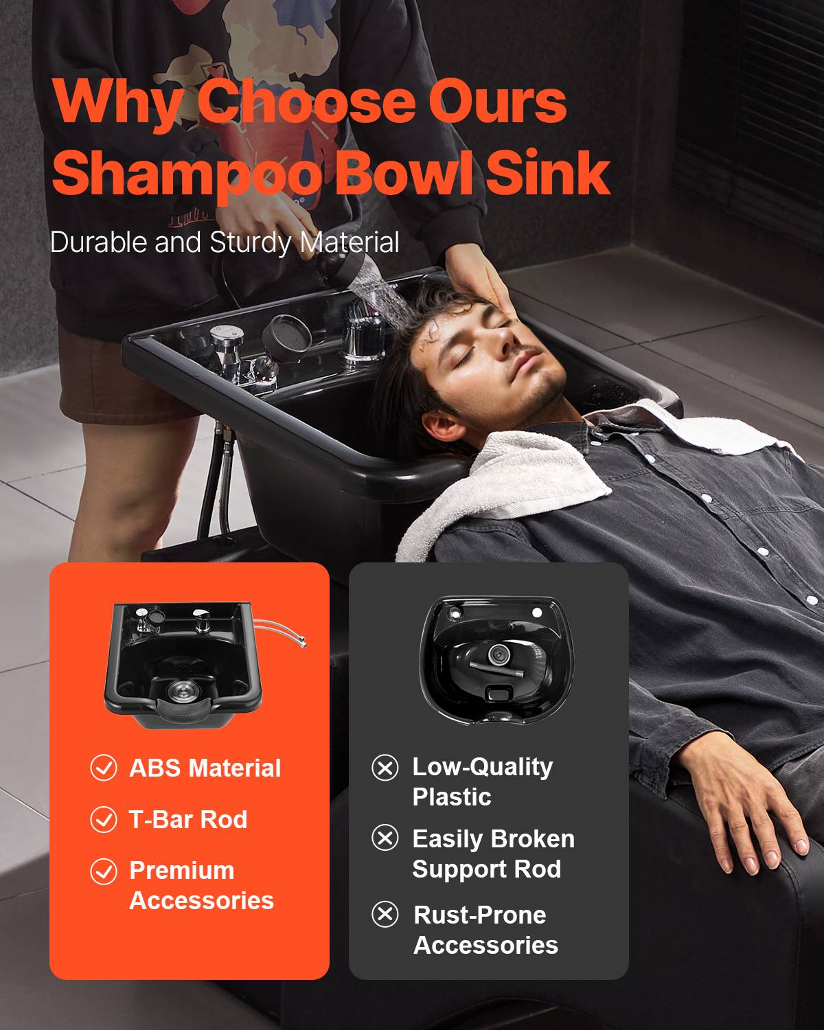 VEVOR Bac à shampoing noir professionnel. Lavabo, lave-tête pour salon de coiffure. - Image 2