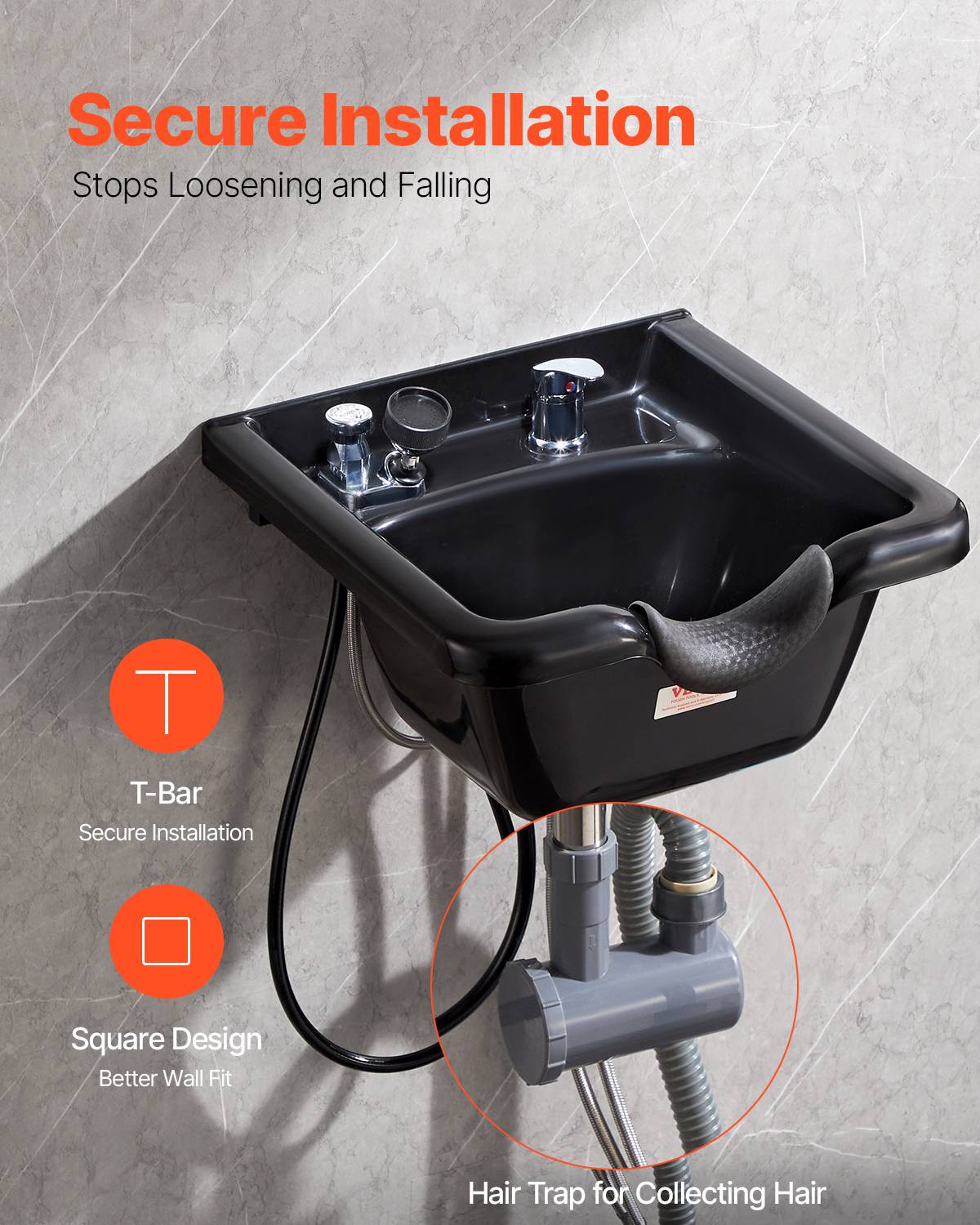 VEVOR Bac à shampoing noir professionnel. Lavabo, lave-tête pour salon de coiffure. - Image 5