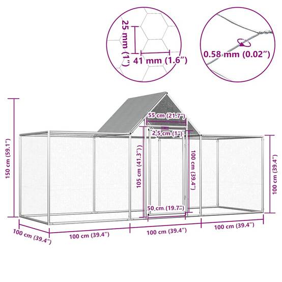 Poulailler enclos 3x1x1,5m acier galvanisé avec toit de protection Argenté – ComfortXL Outdoor Living - Image 6