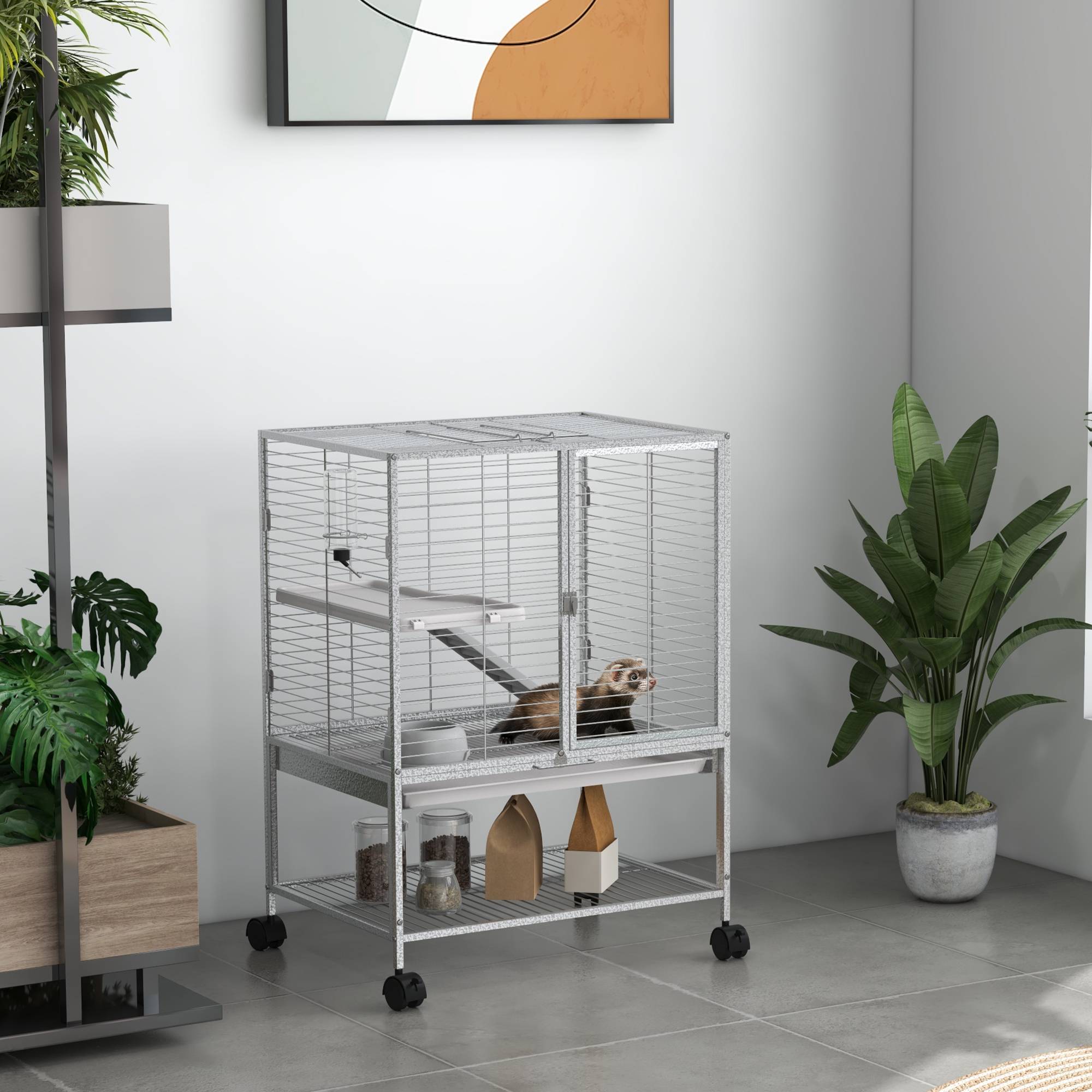 Cage acier sur roulettes pour furets et chinchillas 2 niveaux avec rampe 61x44x86 cm gris - ComfortXL Outdoor Living - Image 4