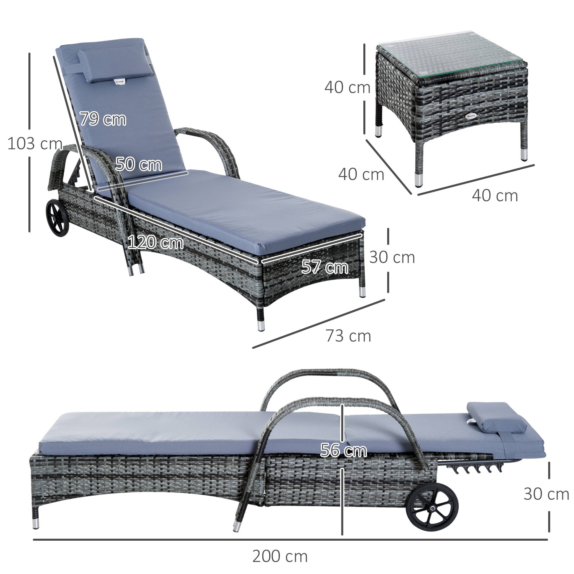 Outsunny - Lot de 2 bains de soleil - matelas, têtière, inclinaison réglable, accoudoirs, roulettes + table basse résine tressée gris - Outsunny - Imagen 3