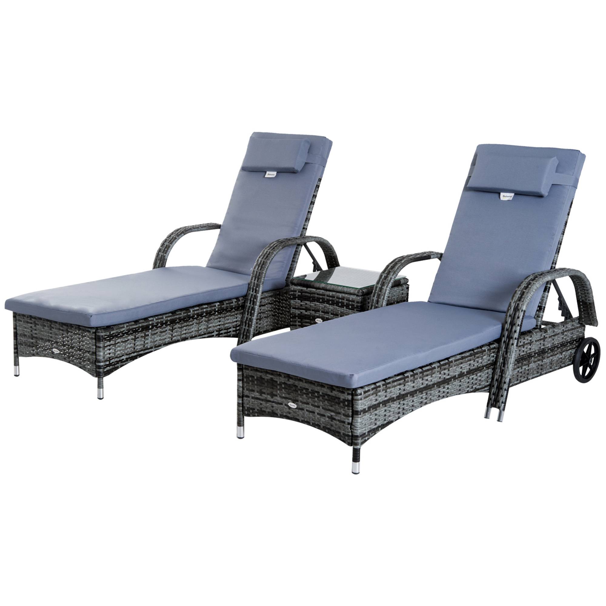 Outsunny - Lot de 2 bains de soleil - matelas, têtière, inclinaison réglable, accoudoirs, roulettes + table basse résine tressée gris - Outsunny - Imagen 1