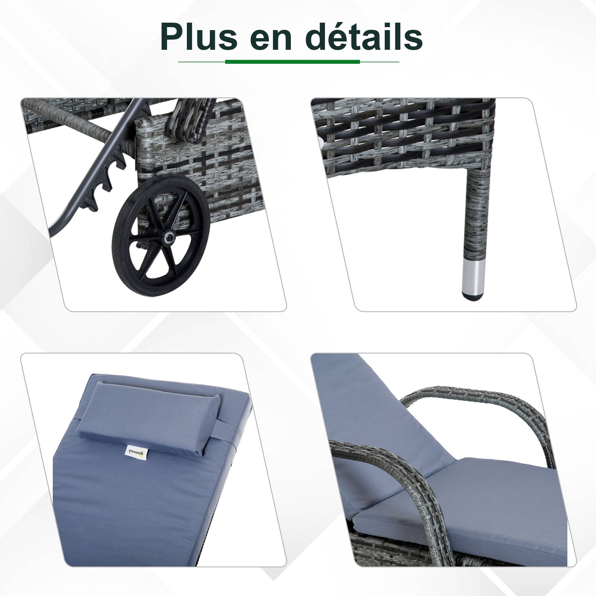 Outsunny - Lot de 2 bains de soleil - matelas, têtière, inclinaison réglable, accoudoirs, roulettes + table basse résine tressée gris - Outsunny - Imagen 6