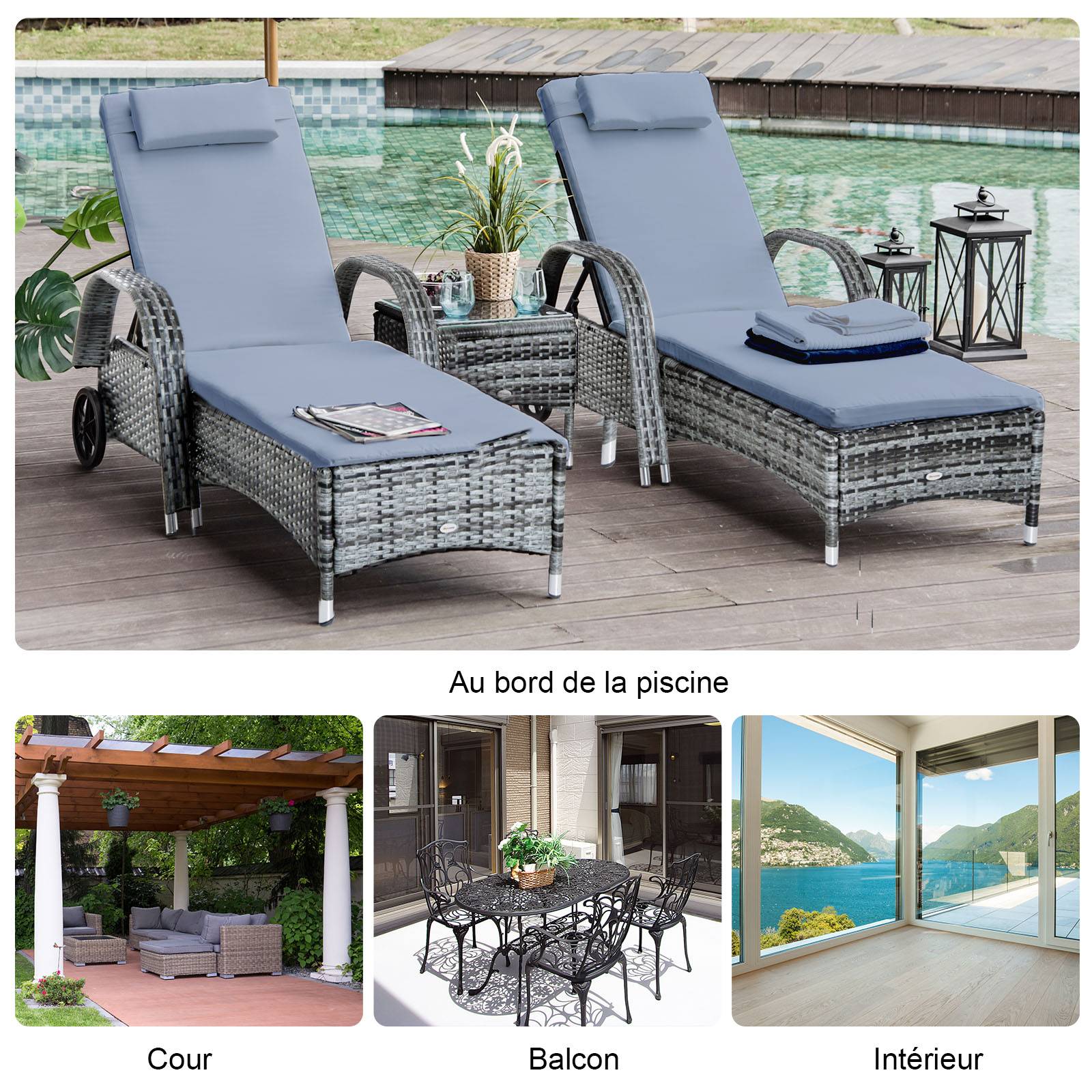 Outsunny - Lot de 2 bains de soleil - matelas, têtière, inclinaison réglable, accoudoirs, roulettes + table basse résine tressée gris - Outsunny - Imagen 7