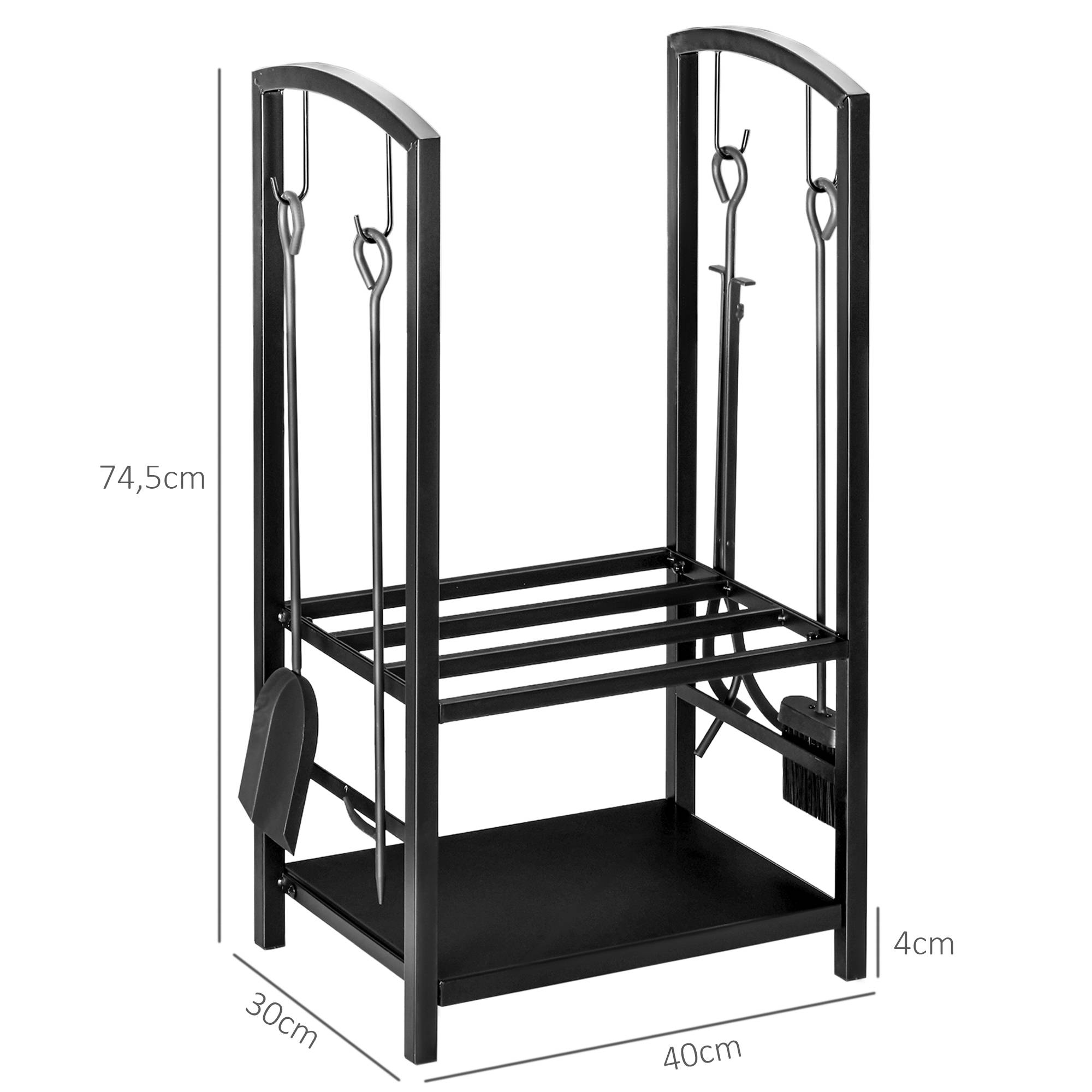 Range‑bûches cheminée 40x30x74,5 cm, 2 niveaux métal, 4 accessoires cheminée, charge 100 kg, intérieur‑extérieur, noir - Image 4