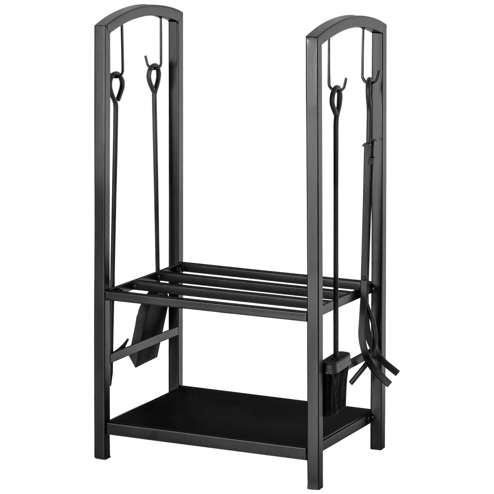 Range‑bûches cheminée 40x30x74,5 cm, 2 niveaux métal, 4 accessoires cheminée, charge 100 kg, intérieur‑extérieur, noir - Image 2