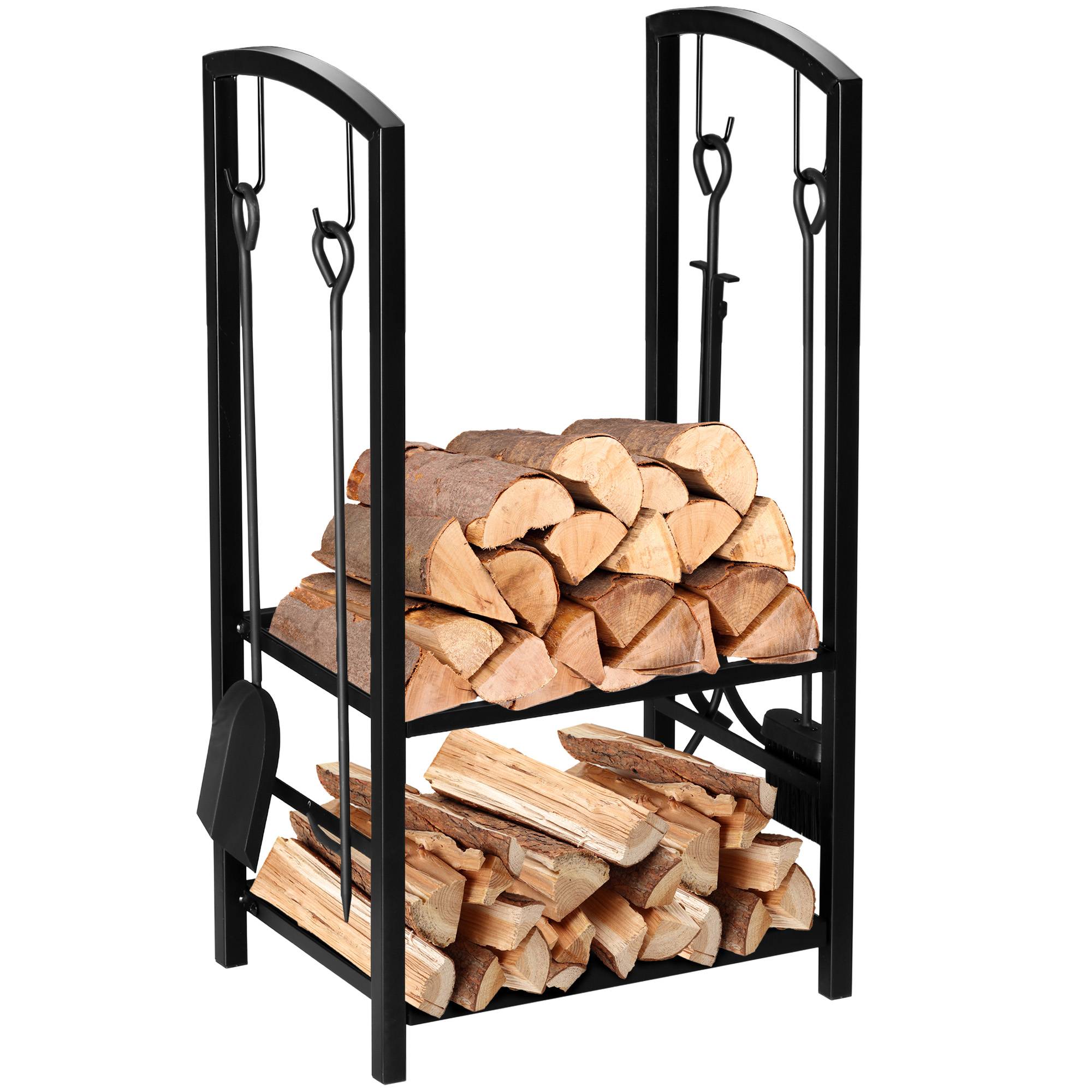 Range‑bûches cheminée 40x30x74,5 cm, 2 niveaux métal, 4 accessoires cheminée, charge 100 kg, intérieur‑extérieur, noir - Image 1