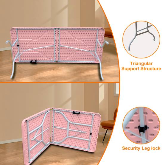 Table pliante portable fer et plastique rose 185 x 76 x 74 cm - PANGIVO - Image 3