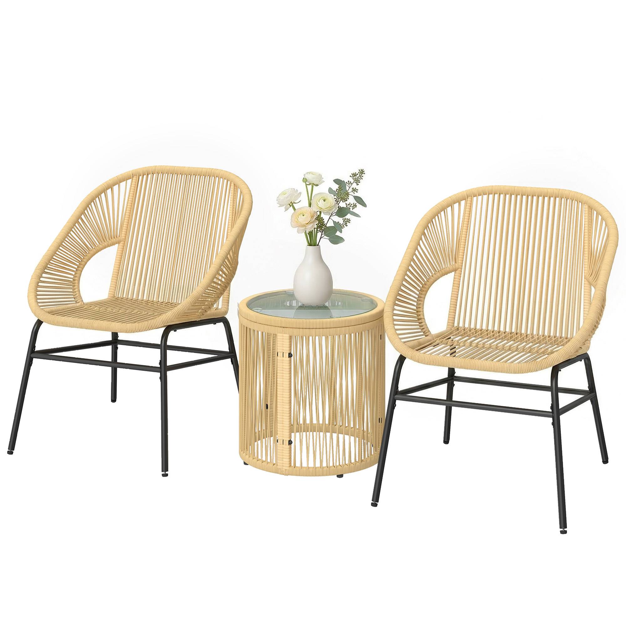 Sans Marque - Ensemble bistro 3 pièces rotin acier 2 chaises table ronde verre trempé beige - Image 2