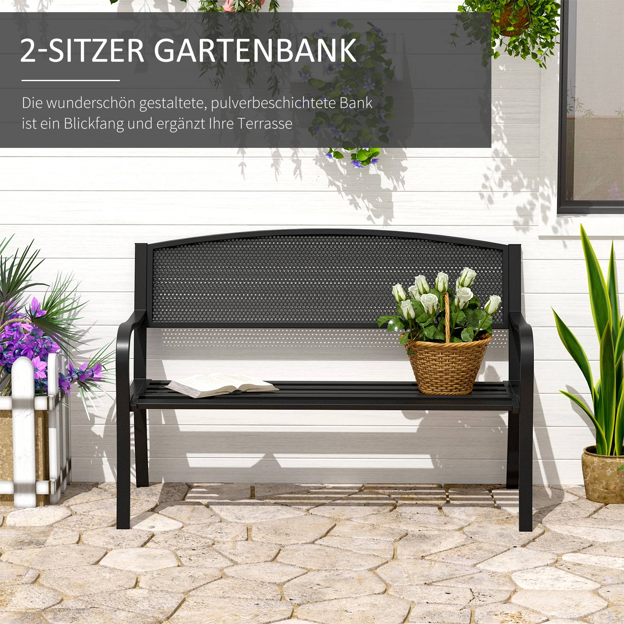 Banc de jardin, banc de parc, 2 places, acier, noir, L 127 x P 60 x H 87 cm - Image 6