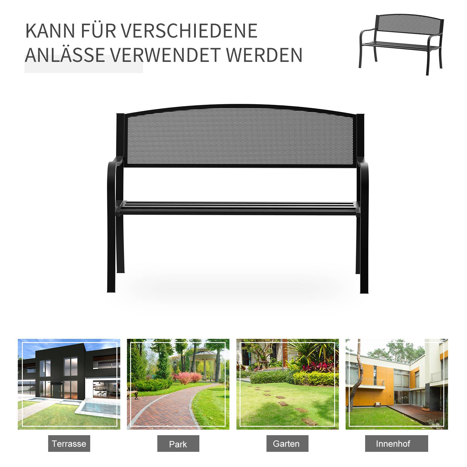 Banc de jardin, banc de parc, 2 places, acier, noir, L 127 x P 60 x H 87 cm - Image 9
