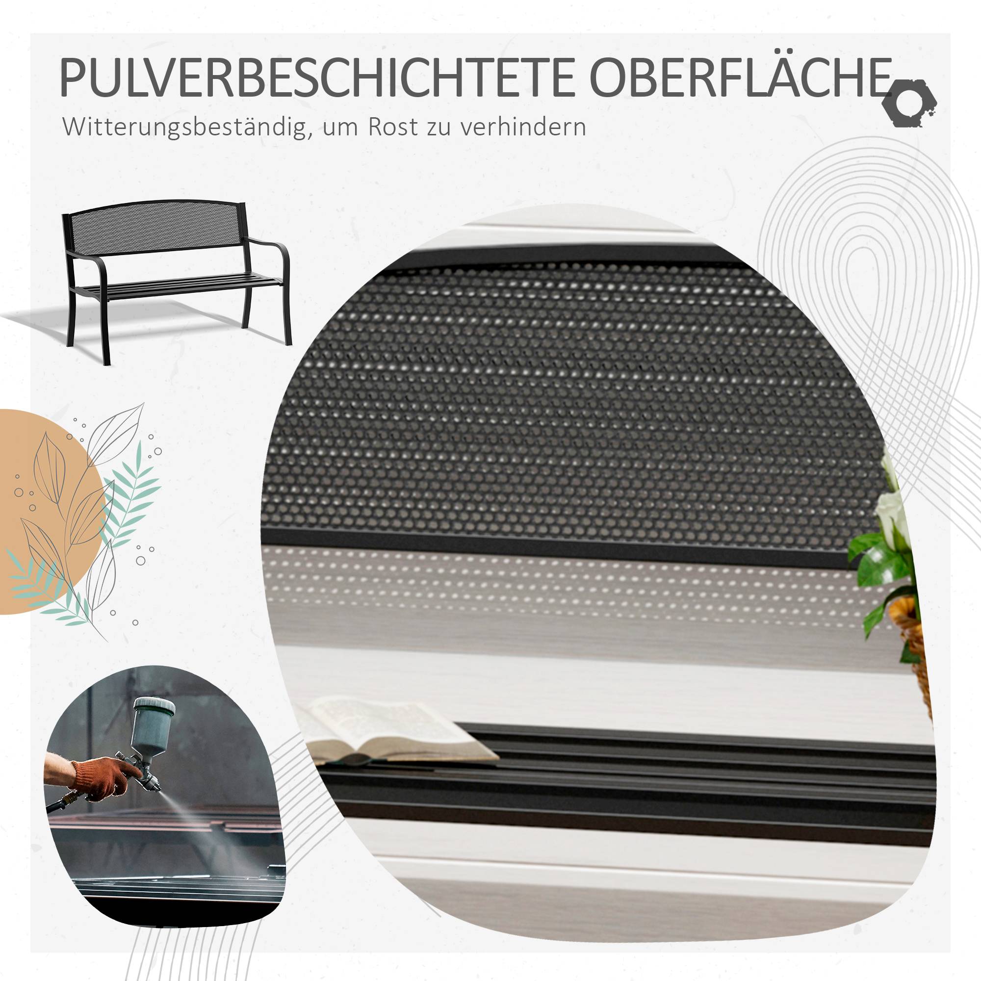 Banc de jardin, banc de parc, 2 places, acier, noir, L 127 x P 60 x H 87 cm - Image 8