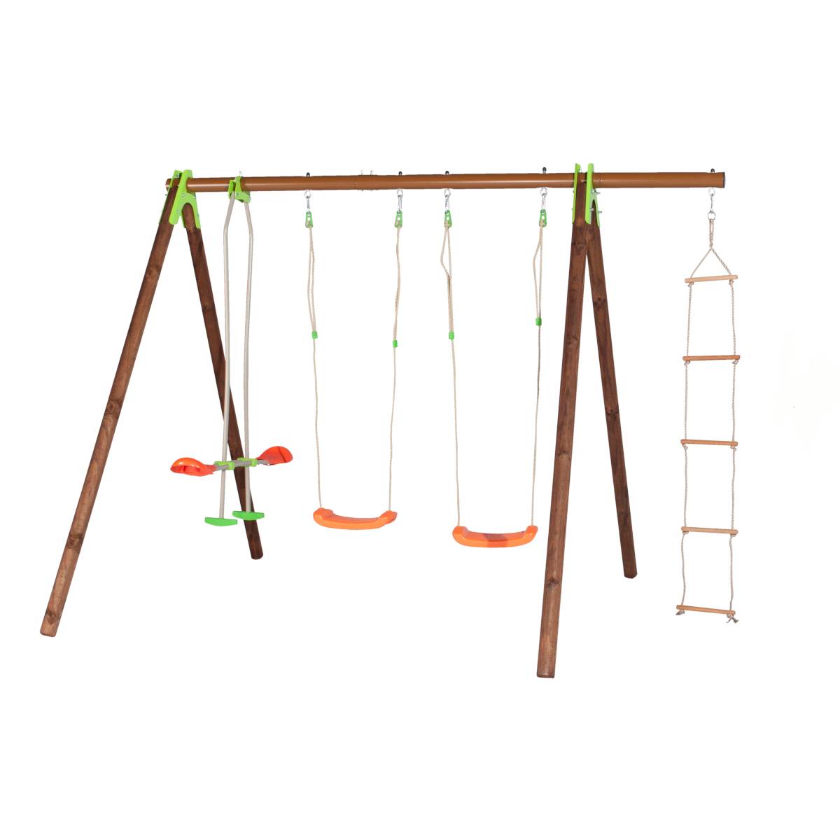 Trigano Jardin - Portique bois-métal avec 2 balançoires + 1 siège face-à-face + 1 échelle de corde J-18549P6 Trigano Jardin - Imagen 1