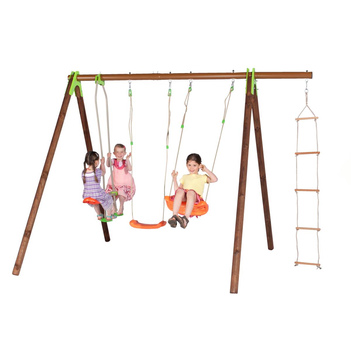 Trigano Jardin - Portique bois-métal avec 2 balançoires + 1 siège face-à-face + 1 échelle de corde J-18549P6 Trigano Jardin - Imagen 2