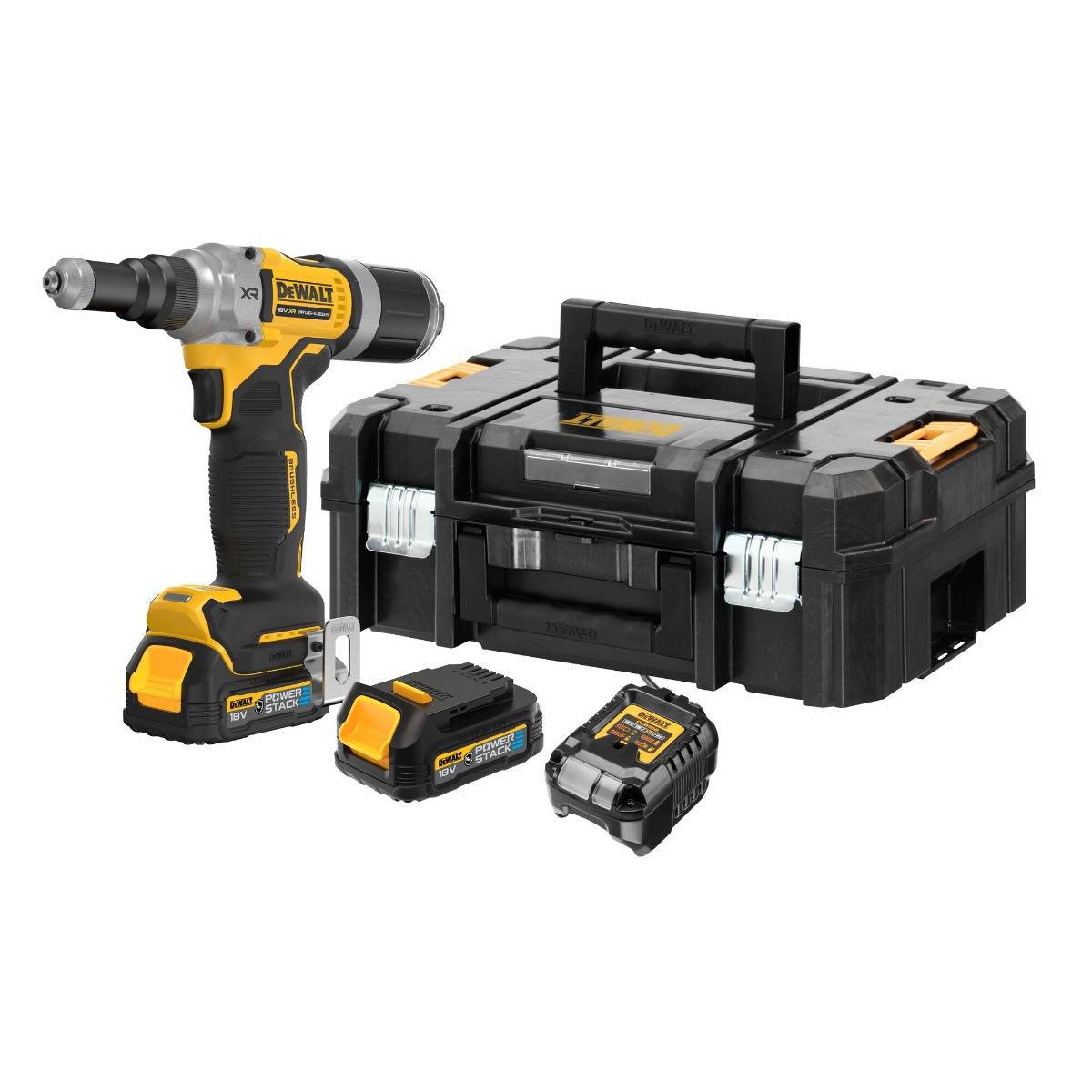 Riveteuse Moteur Brushless XR 18V - 6,4 mm - DEWALT - avec 2 batteries 18V 1.7Ah - chargeur - coffret TSTAK - DCF414E2GT-QW - Image 1