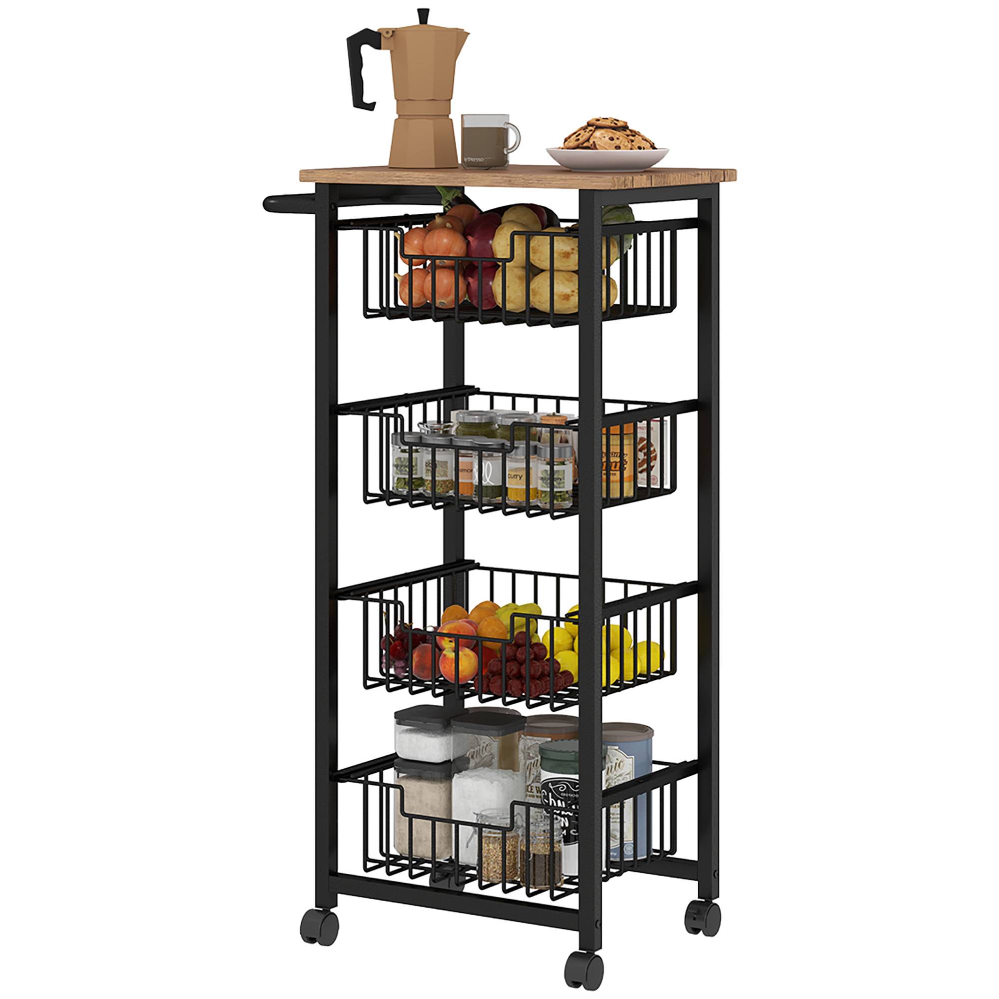 Sans Marque - Chariot rangement 5 niveaux desserte roulettes 4 paniers coulissants plateau 49,5x31x91cm chêne noir - Image 1