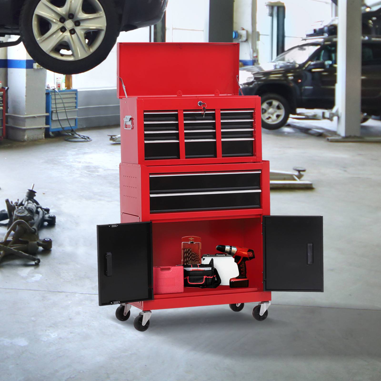 Sans Marque - Armoire avec caisse, roulant, 6 tiroirs, métal, rouge - Image 3