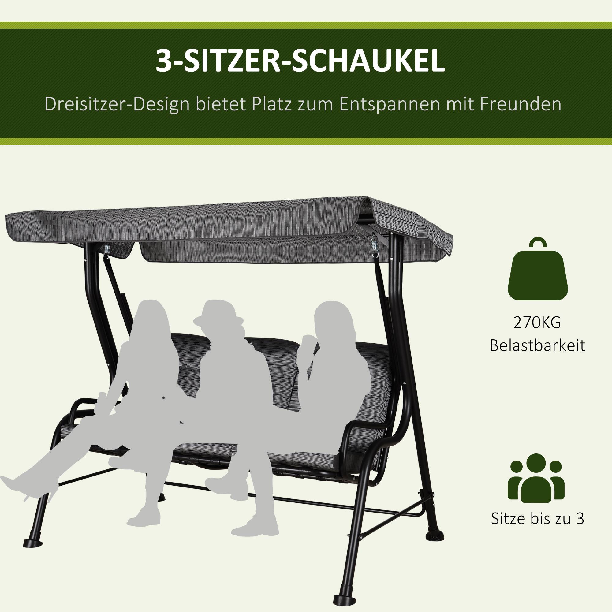 Balancelle de Jardin 3 Places Acier Textilène Terrasse Toit Réglable Anti-UV Gris 200x120cm - ComfortXL Outdoor Living - Image 8