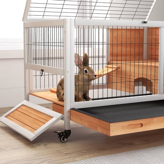 Clapier lapin intérieur clapier pour cochon d'inde en bois avec toit ouvrant et roulettes 90 x 53 x 59 cm jaune et blanc - Image 10