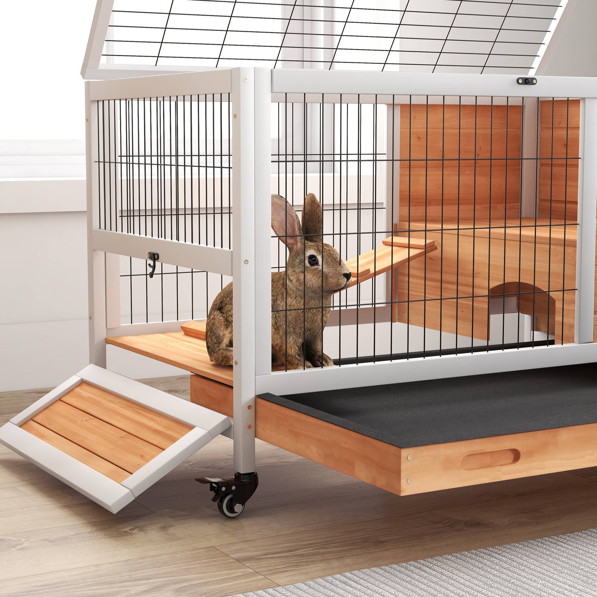 Clapier lapin intérieur clapier pour cochon d'inde en bois avec toit ouvrant et roulettes 90 x 53 x 59 cm jaune et blanc - Image 10