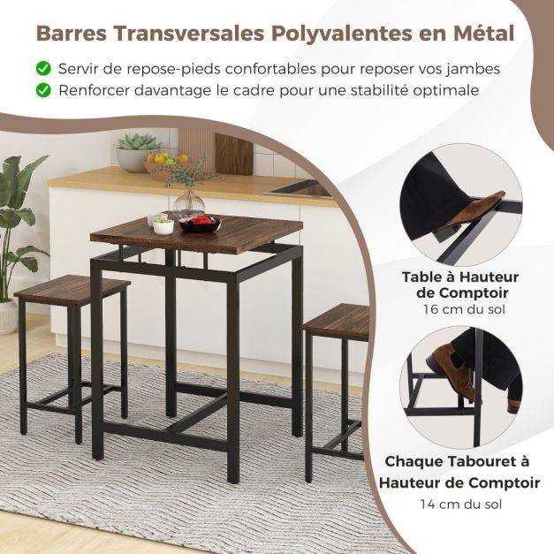 Helloshop26 - Table comptoir avec 2 tabourets hauts ensemble de table de bar avec plateau flottant et repose-pieds marron rustique - Imagen 3