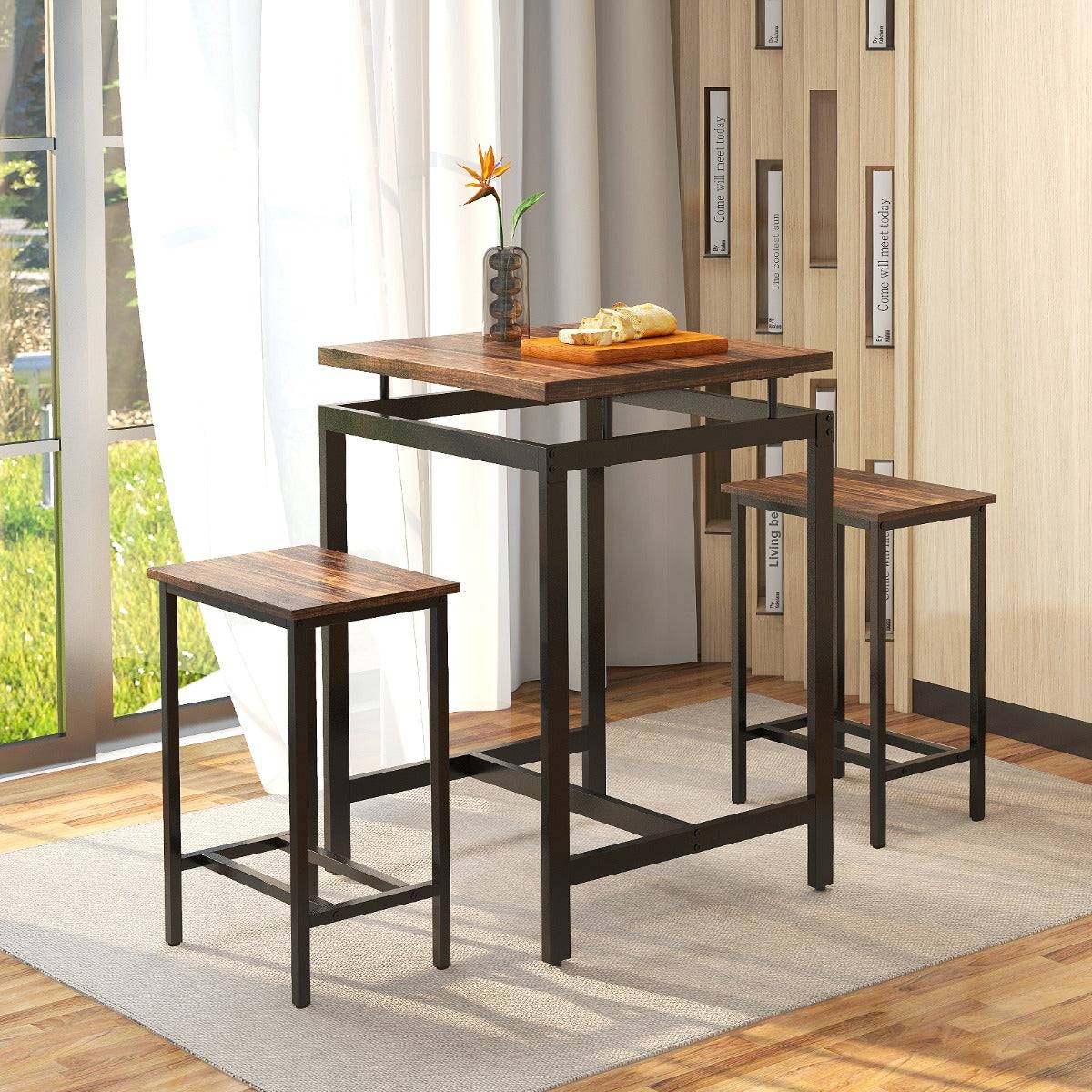Helloshop26 - Table comptoir avec 2 tabourets hauts ensemble de table de bar avec plateau flottant et repose-pieds marron rustique - Imagen 2