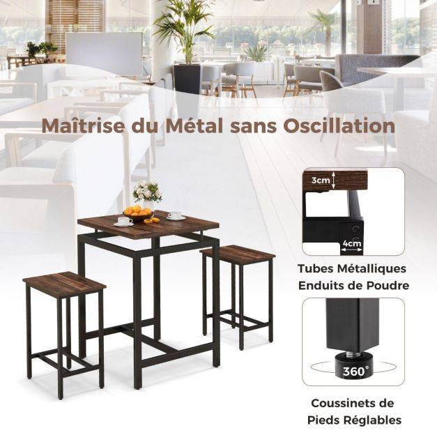 Helloshop26 - Table comptoir avec 2 tabourets hauts ensemble de table de bar avec plateau flottant et repose-pieds marron rustique - Imagen 4