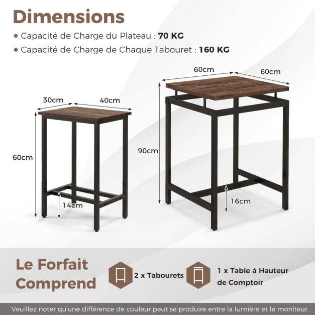 Helloshop26 - Table comptoir avec 2 tabourets hauts ensemble de table de bar avec plateau flottant et repose-pieds marron rustique - Imagen 5