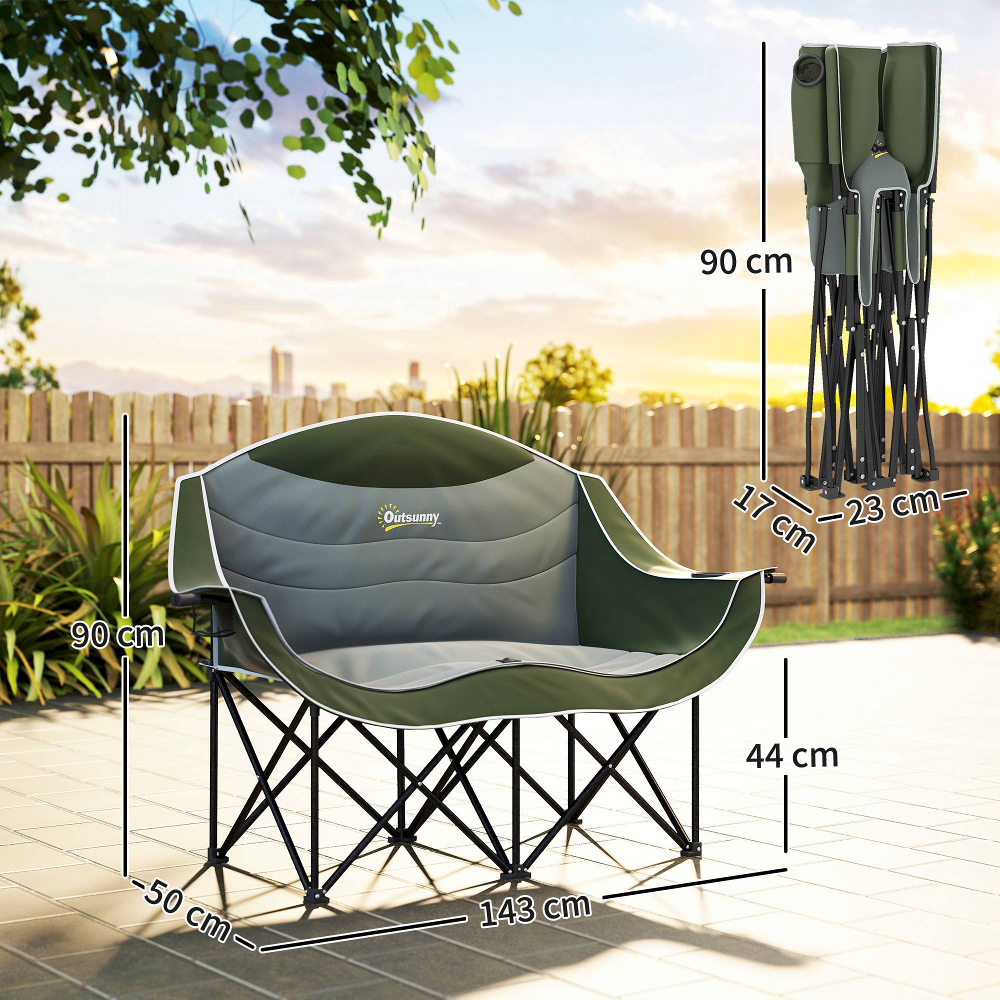 Chaise de camping double pliante métal et tissu vert 143 x 50 x 90 cm - PANGIVO - Image 5