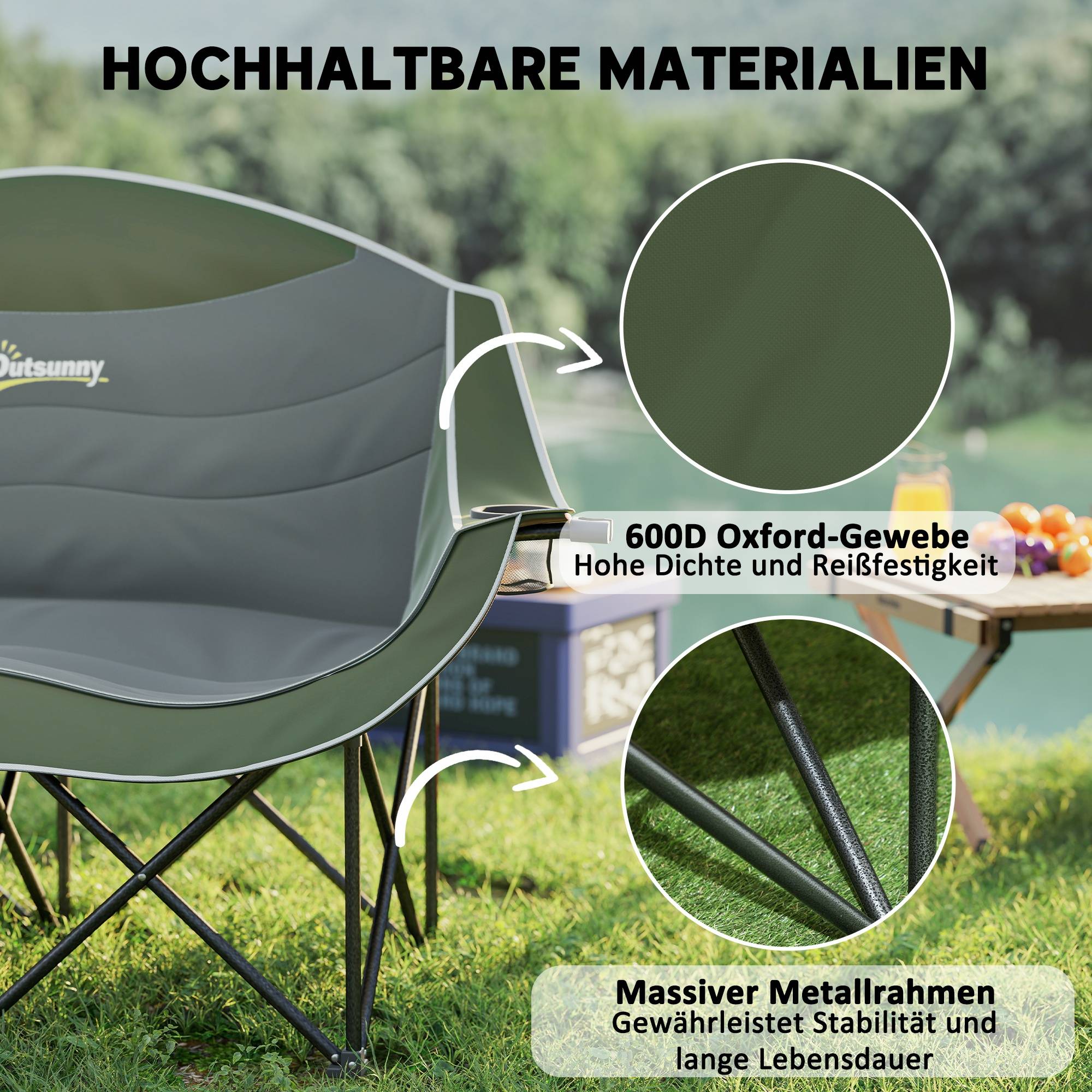 Chaise de camping double pliante métal et tissu vert 143 x 50 x 90 cm - PANGIVO - Image 7