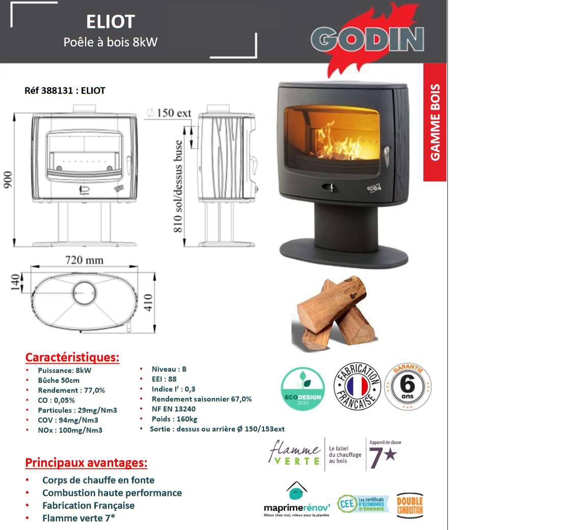Poêle bois bûche GODIN Eliot 8Kw - Anthracite - 388131 - Image 2