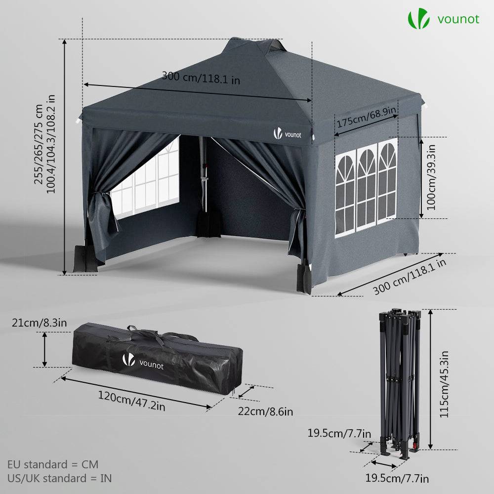 VOUNOT® Tonnelle de jardin 3x3m pliable installation facile POP UP avec portes et fenêtres - Imperméable et anti-UV - Gris - Image 6