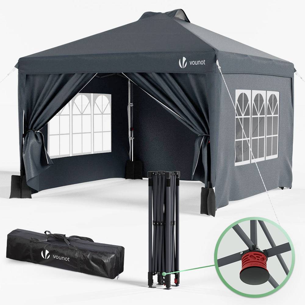 VOUNOT® Tonnelle de jardin 3x3m pliable installation facile POP UP avec portes et fenêtres - Imperméable et anti-UV - Gris - Image 1