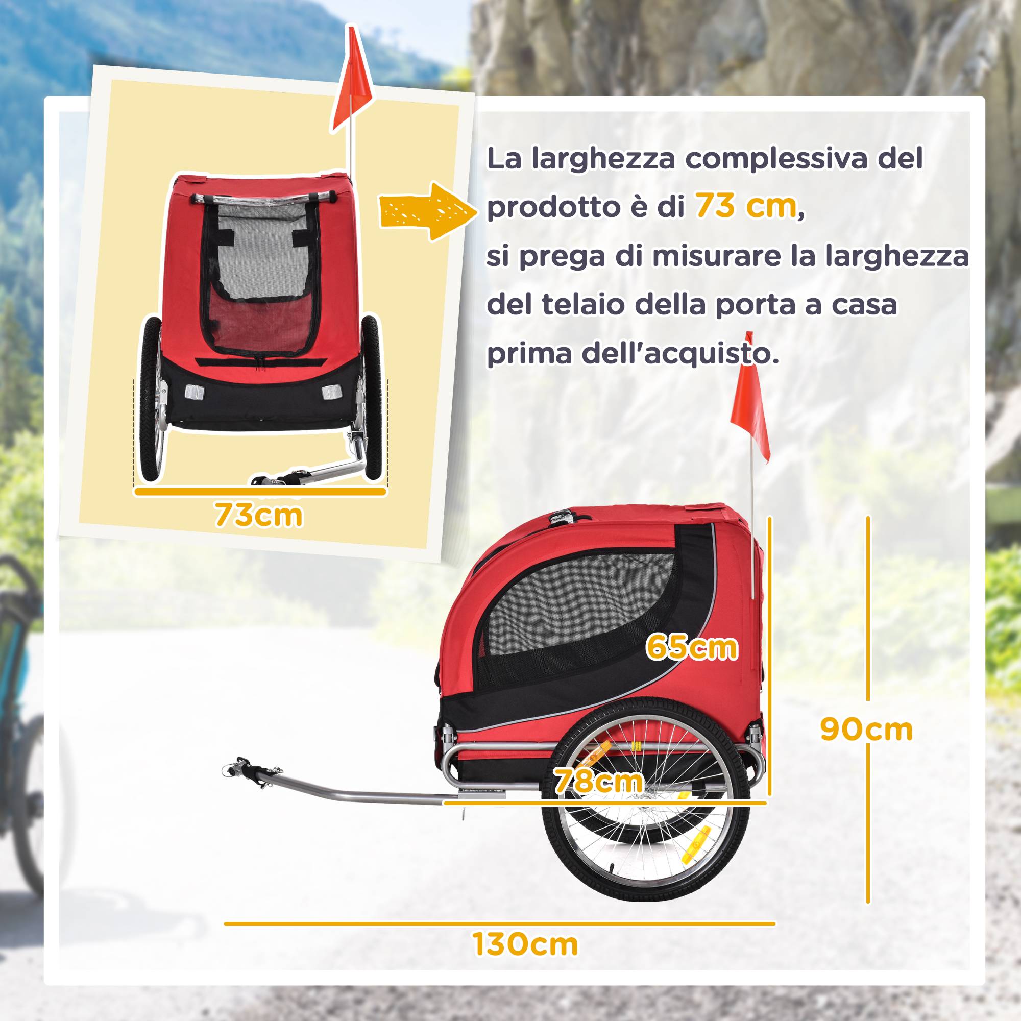 Sans Marque - Remorque vélo chien moyen point attache fenêtres latérales drapeau acier toile Oxford 130x73x90 cm rouge noir - Image 5