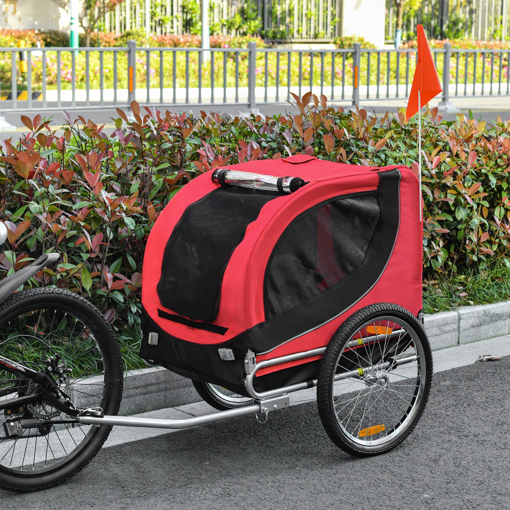 Sans Marque - Remorque vélo chien moyen point attache fenêtres latérales drapeau acier toile Oxford 130x73x90 cm rouge noir - Image 4