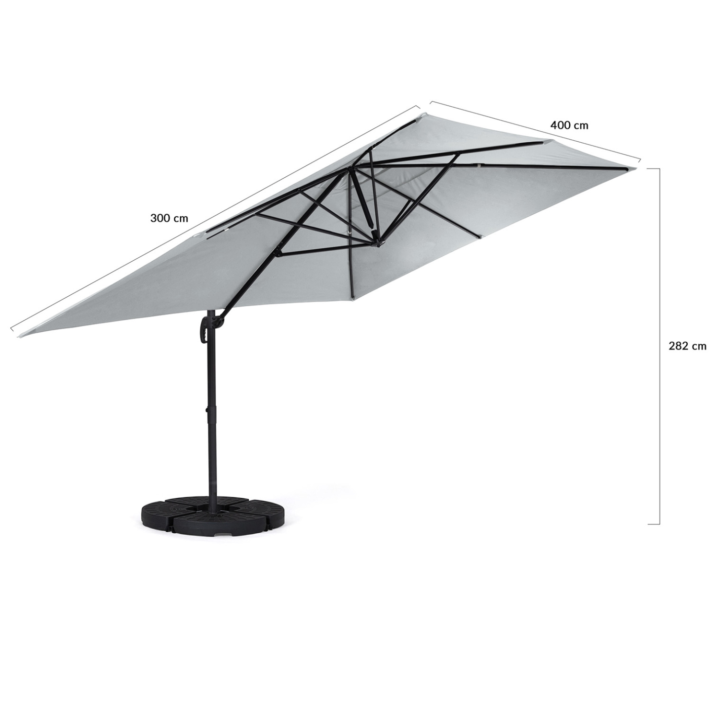 Parasol déporté inclinable rotatif 360 CALVI gris clair 3x4 M avec 4 dalles et housse - Image 5