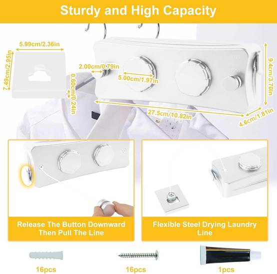 Étendoir à linge rétractable en acier inoxydable, adapté à la chambre, au balcon, au jardin, 5,1 mètres, blanc, double ligne-Lytech - Image 2