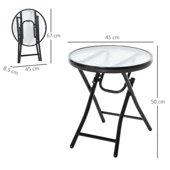 Table d'Appoint Pliante Jardin Métal Verre Trempé Balcon Terrasse Ø45x50cm Noir - ComfortXL Outdoor Living - Image 3