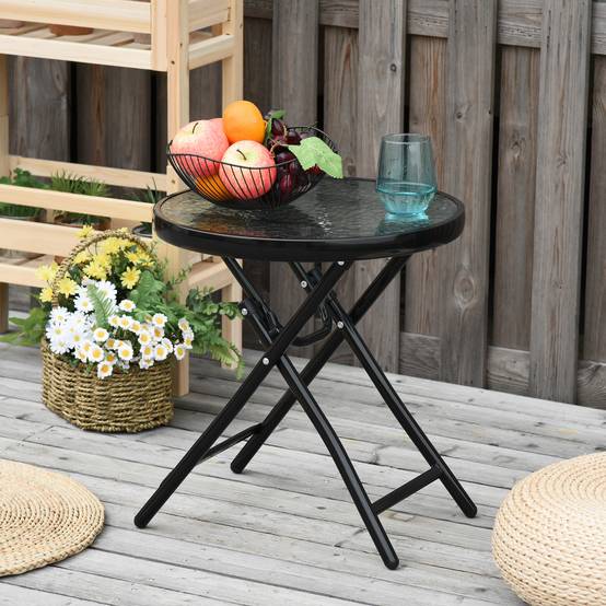 Table d'Appoint Pliante Jardin Métal Verre Trempé Balcon Terrasse Ø45x50cm Noir - ComfortXL Outdoor Living - Image 1