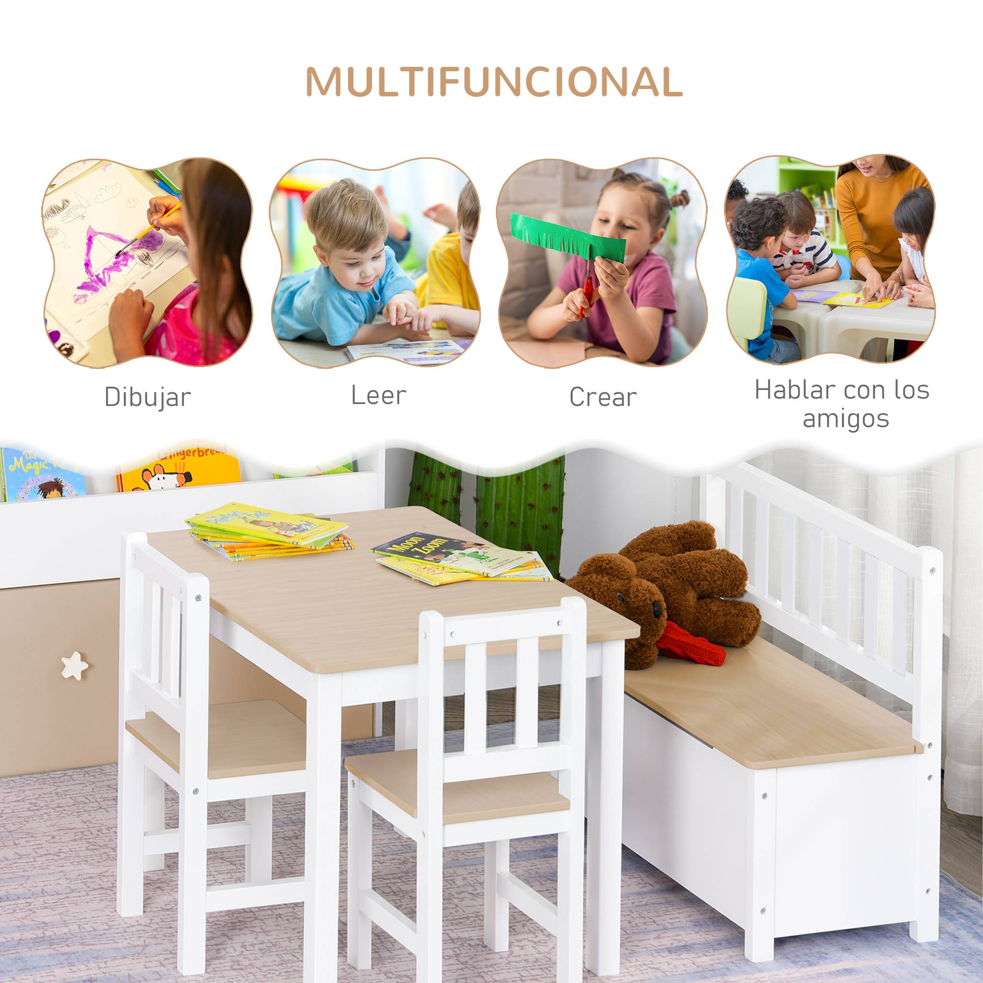 Ensemble 4 pièces table enfant 2 chaises et banc rangement, mobilier activités +3 ans chambre salle de jeu, blanc et naturel - Image 6
