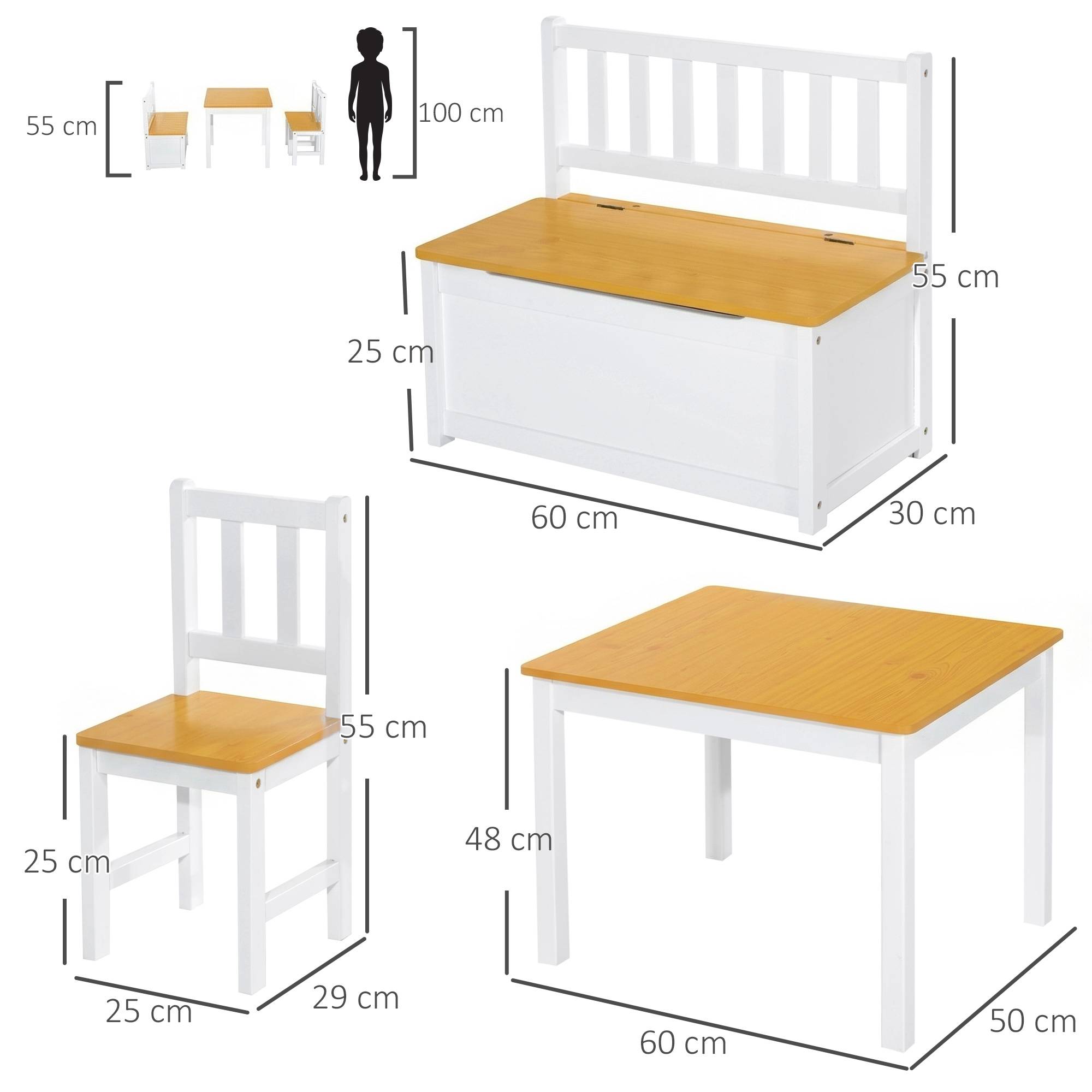Ensemble 4 pièces table enfant 2 chaises et banc rangement, mobilier activités +3 ans chambre salle de jeu, blanc et naturel - Image 5