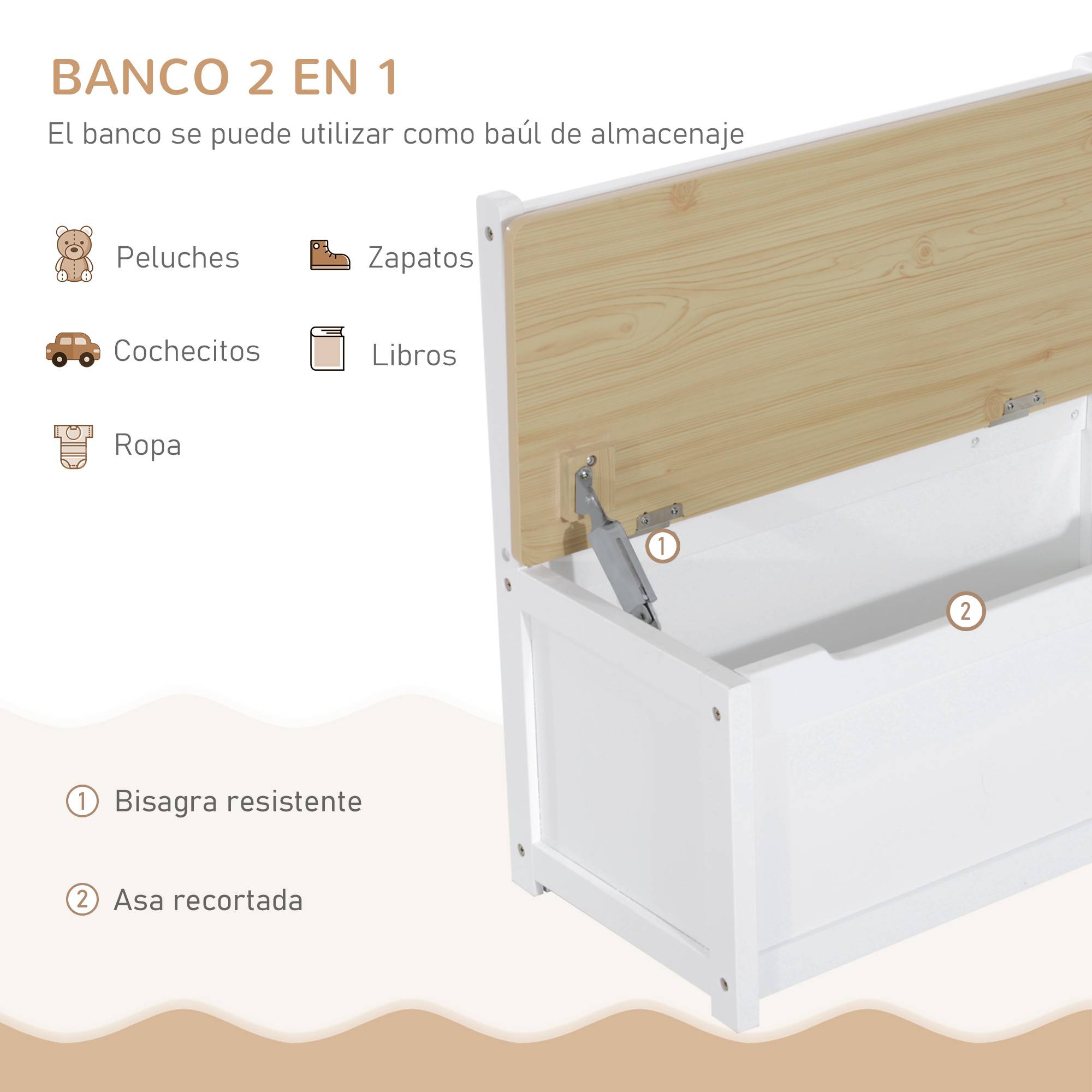 Ensemble 4 pièces table enfant 2 chaises et banc rangement, mobilier activités +3 ans chambre salle de jeu, blanc et naturel - Image 9