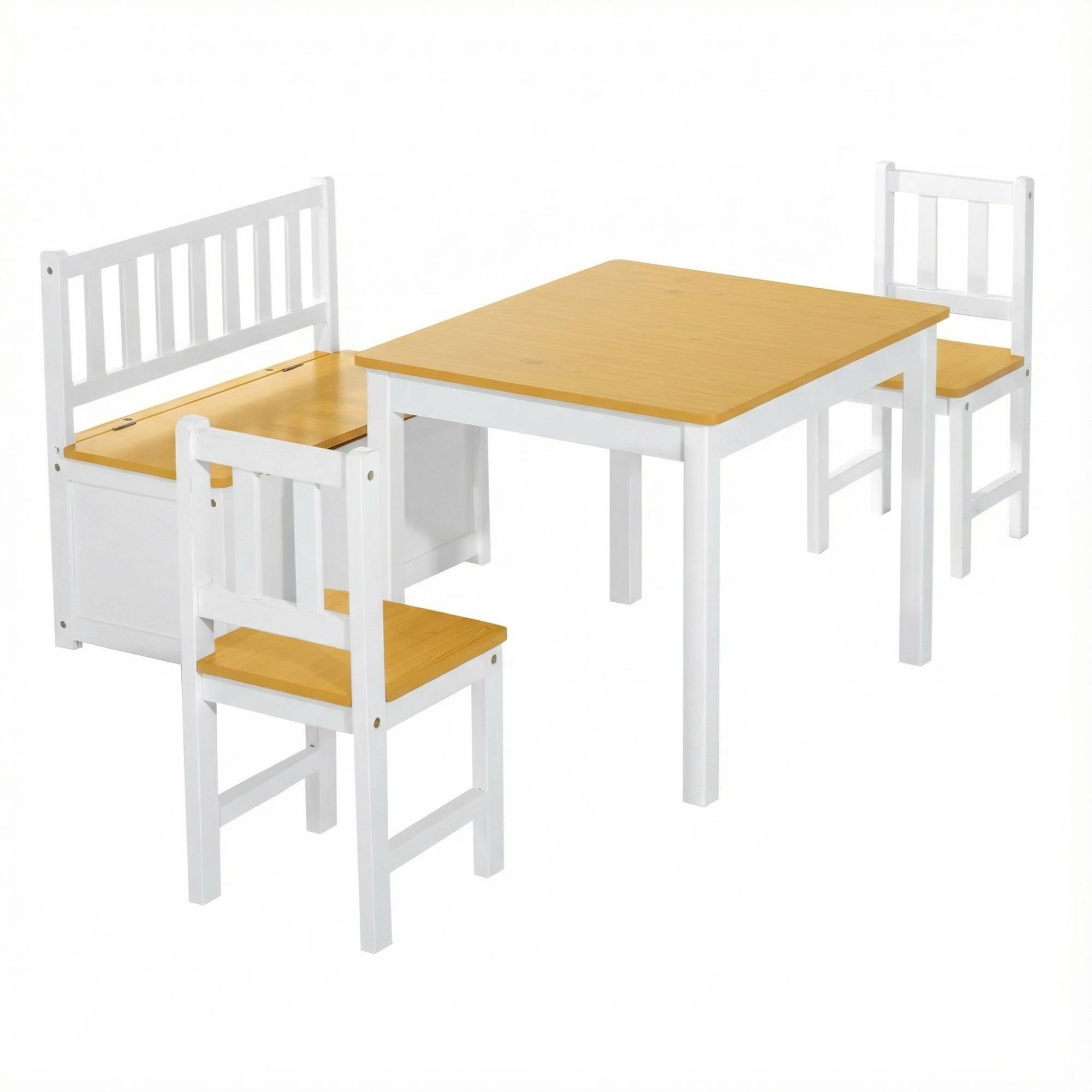 Ensemble 4 pièces table enfant 2 chaises et banc rangement, mobilier activités +3 ans chambre salle de jeu, blanc et naturel - Image 2